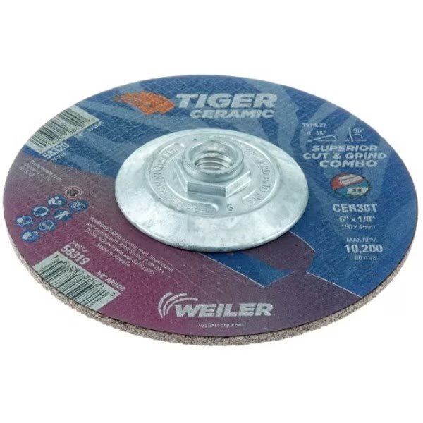 6 x 1/8 TIGER CERAMIC Type 27 Cut/Grind Combo Wheel CER30T 5/8-11 Nut, Weiler, Mfr#: 58320